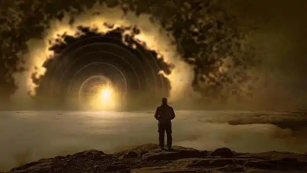 un homme contemple l'horizon où une spirale entoure le soleil