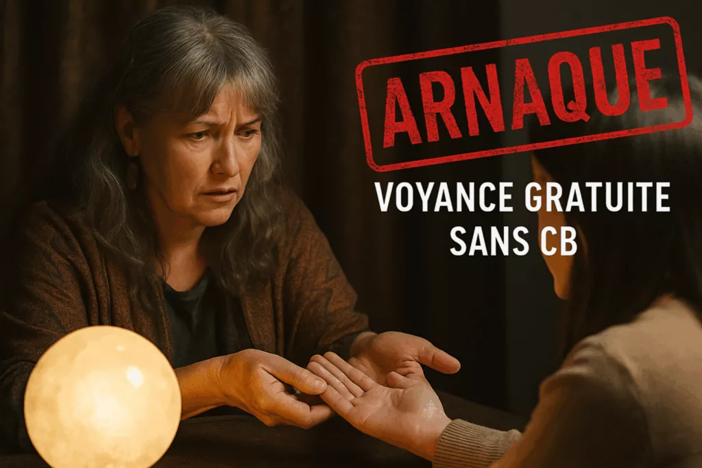 Image représentant une séance de voyance gratuite sans carte bancaire, illustrant des conseils pour éviter les arnaques en 2025.