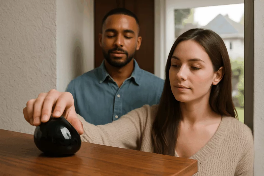 Image montrant des pierres d'obsidienne et de tourmaline, utilisées pour la protection énergétique du foyer.