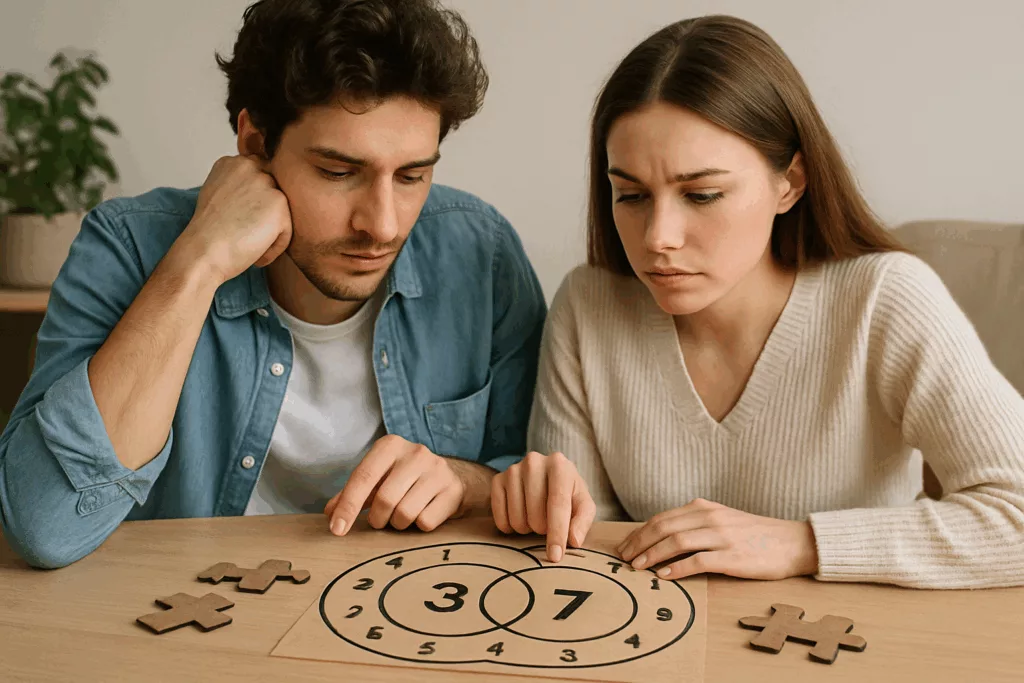 Image illustrant la compatibilité amoureuse en numérologie entre les chemins de vie 3 et 7, symbolisant l'alchimie et les défis potentiels.