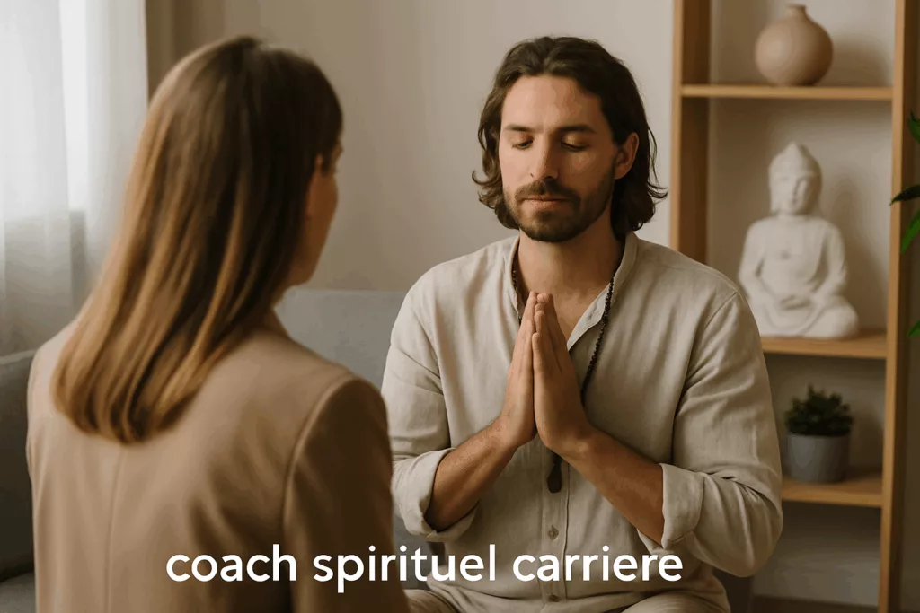 Image illustrant un coach spirituel guidant une personne dans sa reconversion de carrière en 2025.