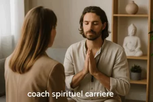 Image illustrant un coach spirituel guidant une personne dans sa reconversion de carrière en 2025.