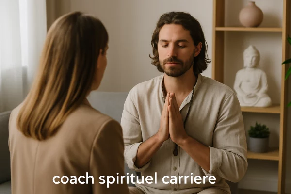 Image illustrant un coach spirituel guidant une personne dans sa reconversion de carrière en 2025.