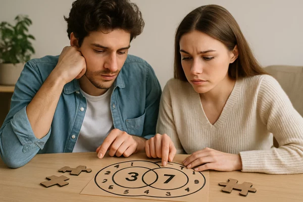 Image illustrant la compatibilité amoureuse en numérologie entre les chemins de vie 3 et 7, symbolisant l'alchimie et les défis potentiels.