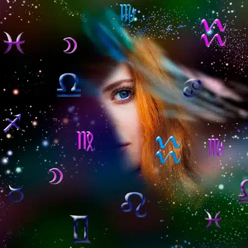 visage d'une femme avec les signes du zodiaque
