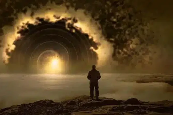un homme contemple l'horizon où une spirale entoure le soleil